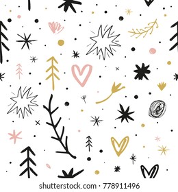 Vector, imagen prediseñada, dibujado a mano. Patrón, sin costura, floral, bebe, pastel, signos, corazones, adorno, boho, textil, lindo, papel pintado. Impresión, elementos decorativos, tarjeta, afiche, estampado de ropa, diseño de paquetes.