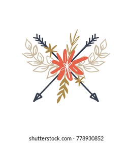 Vector, clip art, hand drawn. Arrows, leaves, emblem, floral, girl, pattern, baby, signs, flowers, boho, plants, cute, hipster. Print, decor, photo overlay, card, poster, clothes print, tattoo.