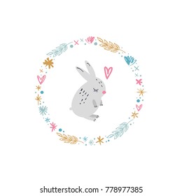Vector, clip art, hand drawn. Bunny, rabbit, cute, frame, wreath, pastel, stars, baby, leaves, heart, pattern, ornamental ring, animal. Print, decor elements, card, poster, clothes print and more.