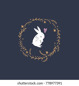 Vector, clip art, hand drawn. White rabbit art, cute, frame, wreath, vintage, stars, baby, fairy tale, heart, pattern, ornate, animal. Print, decor elements, card, poster, clothes print and more.