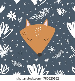 Vector, clip art, hand drawn. Fox, vintage, pattern, ornament, stars, cute, fantasy, hipster, boho, leaves. Decor, wallpaper, packaging, clothers and accessories print, poster, card.