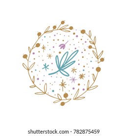 Vector, clip art, hand drawn. Pattern, ornate ring, floral elements, symbols, stars. Boho style. Poster, t-shirt, textile, print, card.