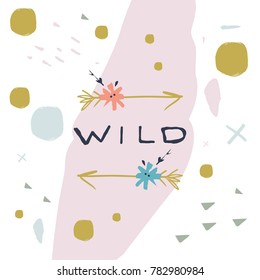 Vector, clip art, hand drawn. Sign, arrows and flowers, pastel colors. Wild art. Swedish style. Poster, t-shirt, textile, print, card and more.