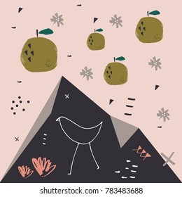 Vector, clip art, hand drawn. Abstraction, bird, apples, plants, nature pattern, avant garde. Poster, t-shirt, textile, print.