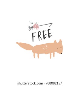 Vector, clip art, hand drawn. Sign, funny cute fox, pastel art, label. Poster, t-shirt, textile, print, card.