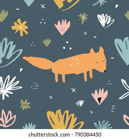 Vector, clip art, hand drawn. Pattern, cute funny fox, decor elements. Poster, t-shirt, textile, print, card.