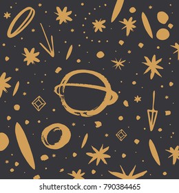 Vector, clip art, hand drawn. Space golden pattern, decor elements. Poster, t-shirt, textile, print, card.