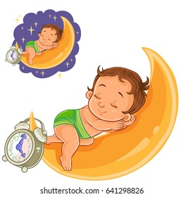 Vector clip art art illustration baby in a diaper is sleeping on the moon. Print, template, design element