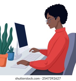 Vetor clip art ilustração Mulher negra estudando no computador em estilo plano moderno. Programadora afro-americana. O freelancer trabalha remotamente