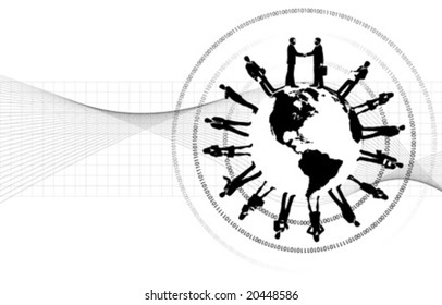 vector clip art illustration of business people silhouettes around the globe. The two central figures are doing a handshake