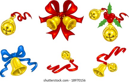 vector clip art illustration of Christmas bells and jingle bells with ribbons and bows. Hand drawn on a Wacom Cintiq using Flash. No tracing. No Gradients used.