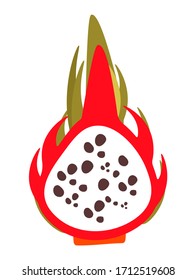 Vector clip art illustration of dragon fruit or pataya. Product in a cut. Beautiful pattern of spotty flesh. Tropical, exotic fruit in thiel flat. Clip art, print on packaging, unusual fruits