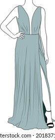 Vector clip art illustration, dress isolated on white background, light blue, cyan, blue evening dress. black high-heeled shoes. model girl posing.