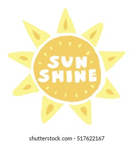 Vector clip art illustration isolated on white background, yellow hand drawn sun, sunshine lettering