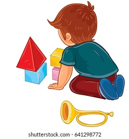Vector clip art illustration of a little boy sitting on the floor and playing with baby cubes. Print, template, design element