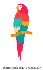 Vector clip art illustration of a macaw parrot sitting on a branch and looking left side. Cute parrot in flat style isolated on white background. A graceful bird from a tropical country and an exotic