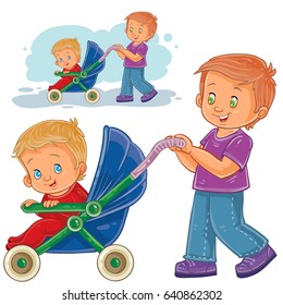 Vector clip art illustration older brother wheeled baby stroller with kid. Print, template, design element