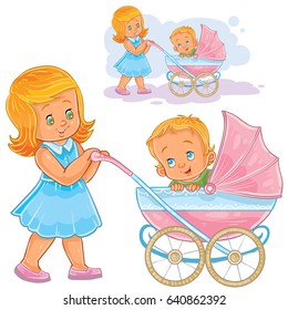 Vector clip art illustration older sister wheeled baby carriage with kid. Print, template, design element