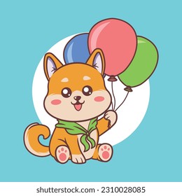 Vector clip art or illustration of an orange shiba inu dog holding three balloons with a commercial license to use for any purpose