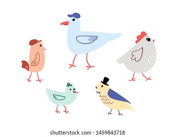 Vector clip art illustration set, cartoon birds wearing hats