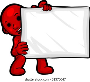 Vector, Clip Art illustration of Smartoon holding blank label with copy space . Hand drawn artwork in a loose, expressive style, with NO gradients.