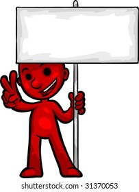 Vector, Clip Art illustration of Smartoon doing a victory hand signal and holding a blank sign with copy space. Hand drawn artwork in a loose, expressive style, with NO gradients.