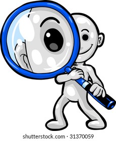 Vector, Clip Art illustration of Smartoon holding and looking through a magnifying lens. Hand drawn artwork in a loose, expressive style, with NO gradients.