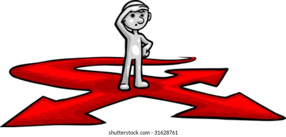 Vector, Clip Art illustration of Smartoon standing indecisive at a crossroad symbolizing life's delimas . Hand drawn artwork in a loose, expressive style, with NO gradients.