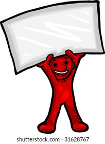 Vector, Clip Art illustration of Smartoon holding a blank note with copy space, above its head. Hand drawn artwork in a loose, expressive style, with NO gradients.
