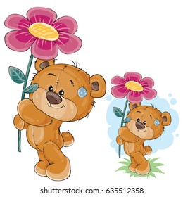 Vector clip art art illustration of a teddy bear holding a pink flower in the paws. Print, template, design element