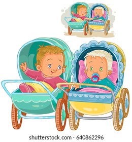 Vector clip art illustration of two small baby lie in baby carriages and try to communicate. Print, template, design element