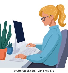 Vetor clip art ilustração mulher estudando no computador em estilo plano moderno. Programadora mulher. O freelancer trabalha remotamente