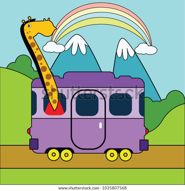 vector clip art for kids education of giraffe riding a\
bus on the street 
