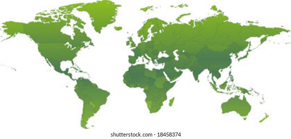 Vector clip art map of an ecological green atlas of the world, with all countries and borders showing. Reference source: http://www.lib.utexas.edu/maps/