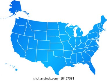 Vector clip art map of United States of America USA, with all fifty states showing, including Alaska and Hawai. Reference source: http://www.lib.utexas.edu/maps/