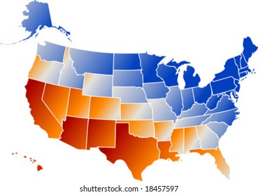 Vector clip art map of  USA, with all fifty states showing, including Alaska and Hawai, Reference source: http://www.lib.utexas.edu/maps/