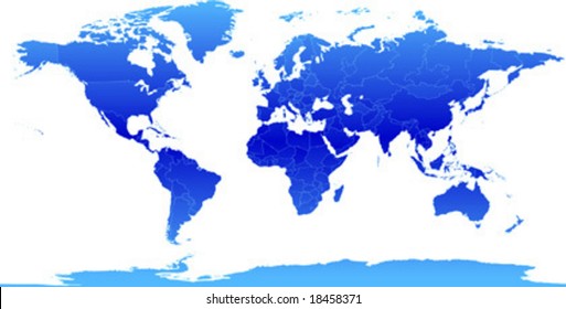 Vector clip art map of the world, with all countries and borders showing. Antarctica is included. Reference source: http://www.lib.utexas.edu/maps/