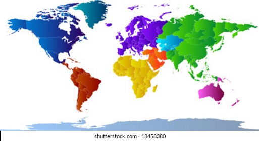 Vector clip art map of the world, with all countries and borders showing. Continents are distinctively colored. Antarctica is included. Reference source: http://www.lib.utexas.edu/maps/