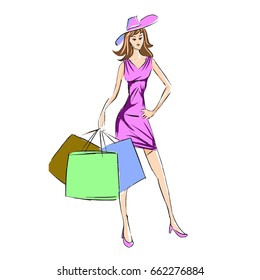 Vector clip art model with pink dress and hat in high heels
