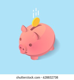 A Vector Clip Art Of Moneybox In The Form Of A Pig With A Coin Falling Into It. Concept Of Saving Money In Isometric 3D Style And Flat Design. 