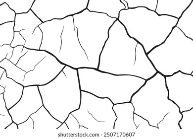 Vector and clip art pattern with many cracks and scratches. Cracked barren desert earth on background banner caused by drought from global warming. Clipart illustration.