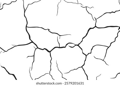 Vector and clip art pattern with many cracks and scratches. Cracked barren desert earth on background banner caused by drought from global warming. Vector illustration, line art with white background.