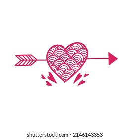 Vector clip art pen illustration of pink heart with scales decorations and arrow on white background. Contour  symbol of love for Valentine's day. Festive outline sign isolated from background