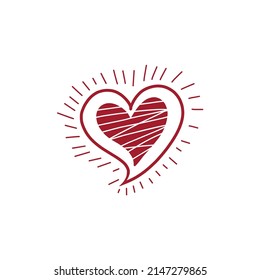 Vector clip art pencil sketch of red heart with rays on white background. Scribble symbol of love for Valentine's day with beams. Festive sign with hatching isolated from background
