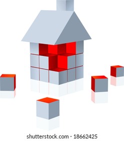 vector clip art of a puzzle house built out of cubes, a few of which are scattered around the structure, on a reflective surface.