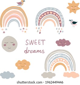 Vector clip art. Scandi rainbows, clouds, moon. Trendy colors. Nursery prints, illustrations, stickers.