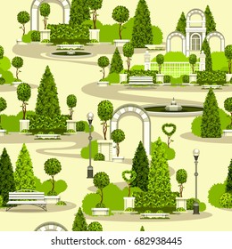 Vector clip art seamless wallpaper pattern park garden building arches green plantations
