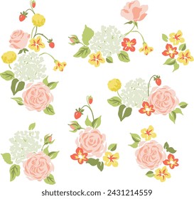 Vector clip art set of floral arrangements, bouquets with roses, hydrangea and strawberries