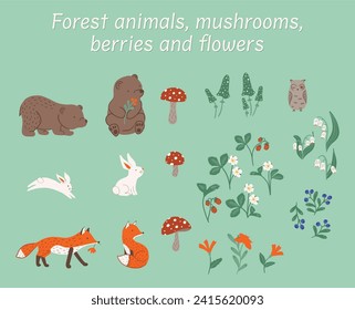 Vector clip art set, forest animals, mushrooms and wild berries