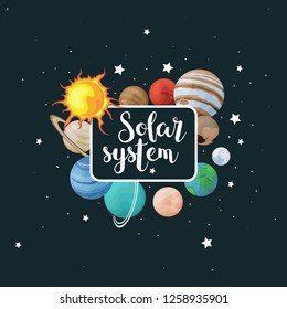 Vector clip art set of solar system. Kids poster with planet on space background. Universe texture for greeting cards and invitations